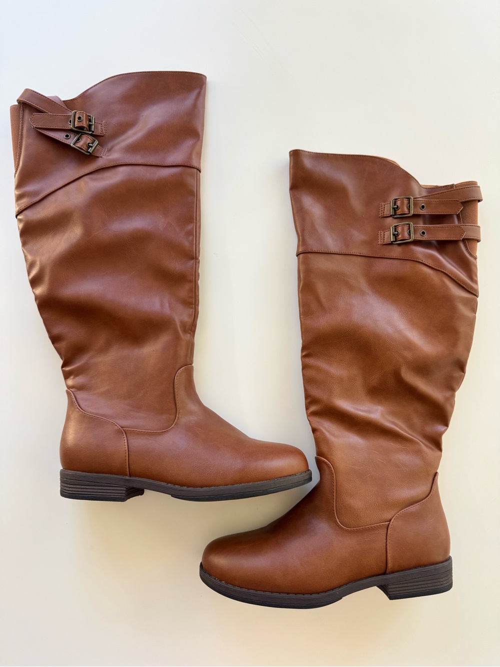 Classic Tall Buckle Riding Boots - Brown Vegan Leather size 8